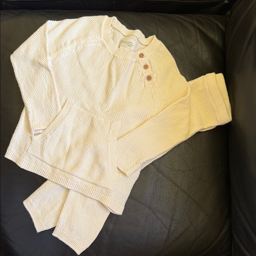 Little Planet Cream Knit Sweater Set with Button Detail